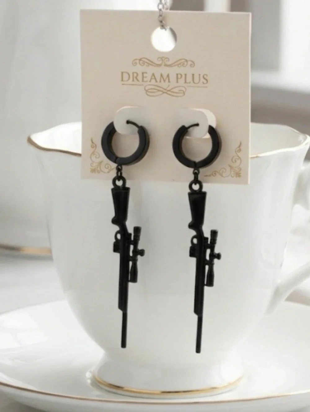 Mateo Black Hoop Earrings / Sniper Rifle Unisex Hoop Earrings. Length: 6.5 cm.​